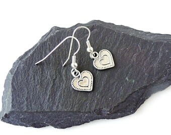 Silver Heart Earrings with Silver Colour Heart Charms on Silver Plated Fish Hook Ear Wires, UK Seller