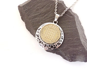 1954 Threepence Necklace, Old Coin in Filigree Pendant on 18" Chain, 70th Birthday Gift, UK Seller