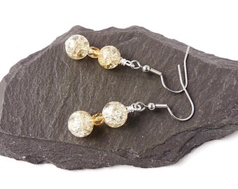 Champagne Colour Earrings with Glass Crackled Beads on Stainless Steel Ear Wires,  UK Seller