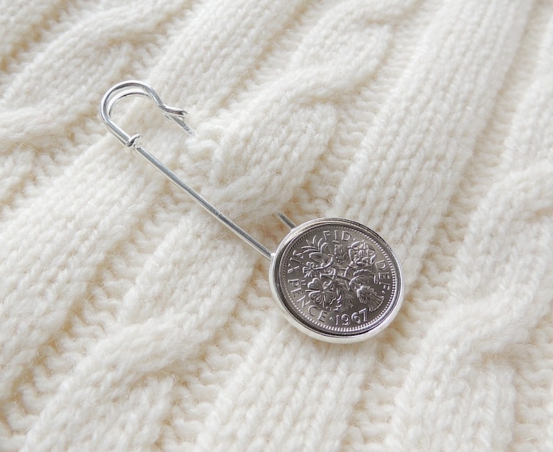 Silver Colour Shawl or Cardigan Pin 1967 Lucky Sixpence Kilt Pin Brooch UK Seller