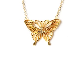 Gold Butterfly Necklace with Large Butterfly on 18" Chain, UK Seller