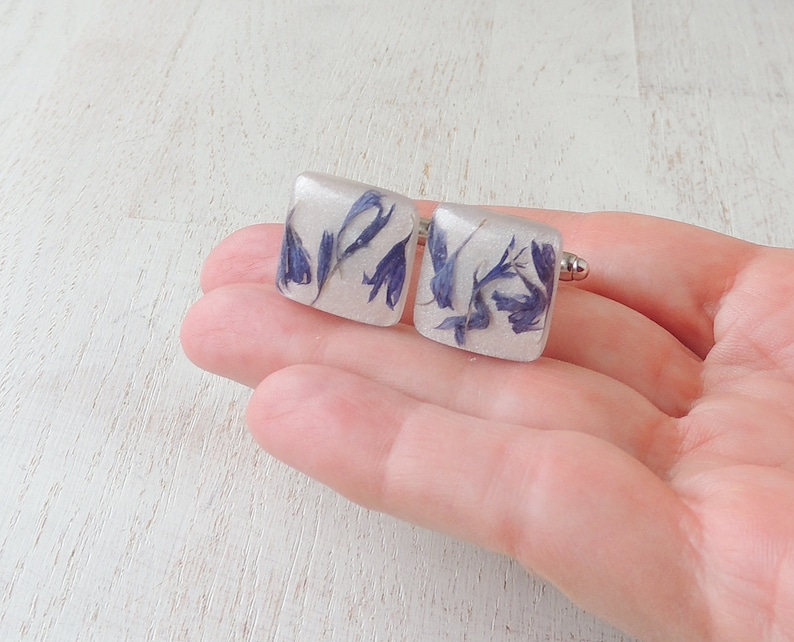 Cornflower Cufflinks with Real Blue Cornflower Petals in White Resin Cabochons UK Seller