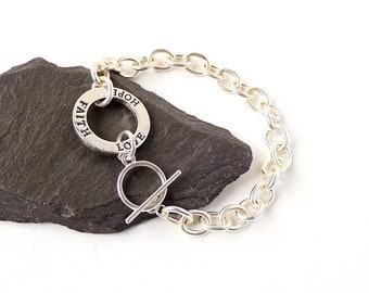 Love Hope Faith Words Chain Bracelet with Toggle Clasp, Medium Size: 19cm or 7.5" Long, UK Seller