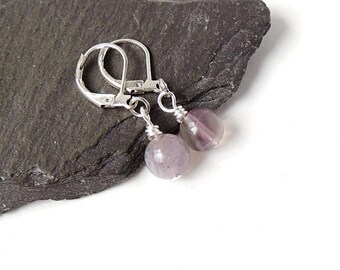 Little Purple Hoop Earrings with Flourite Beads on Small Stainless Steel Hoop Ear Wires, UK Seller