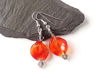 Red & Grey Earrings, Red Glass Twist Beads on Silver Plated Ear Wires, UK Seller