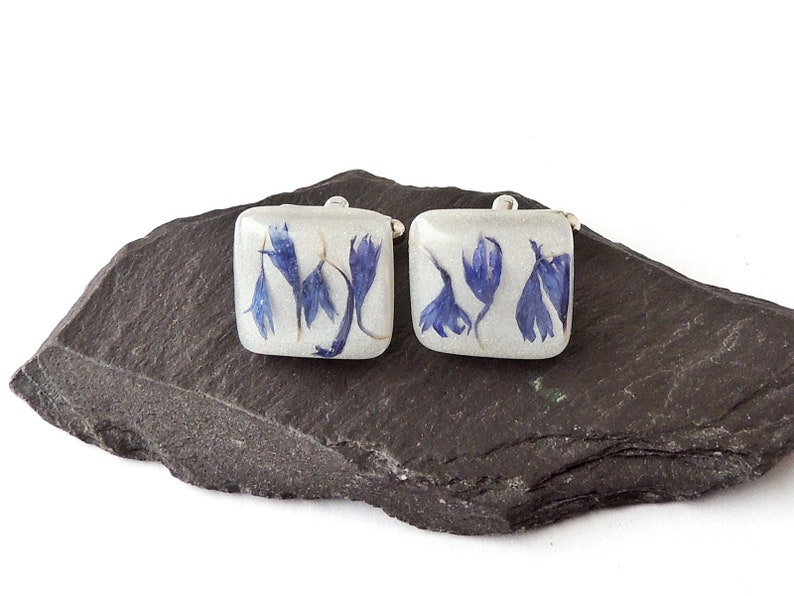 Cornflower Cufflinks with Real Blue Cornflower Petals in White Resin Cabochons UK Seller
