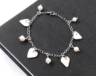 Charm Bracelet with Freshwater Pearl Beads & Cream Shell Hearts on Antique Silver Plated Chain Bracelet, 7"/18cm Long, UK Seller