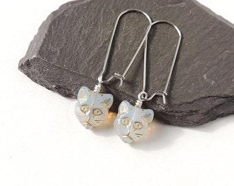 Grey Cat Earrings with Czech Glass Cat Beads on Long Stainless Steel Kidney Ear Wires, UK Seller