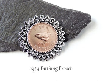 1944 Farthing Coin Brooch, Quirky 80th Birthday Badge, UK Seller