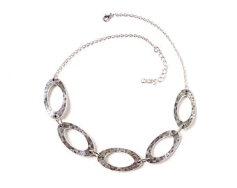 Silver Necklace with Textured Oval Shapes, 16" Long, Antique Silver Colour, UK Seller