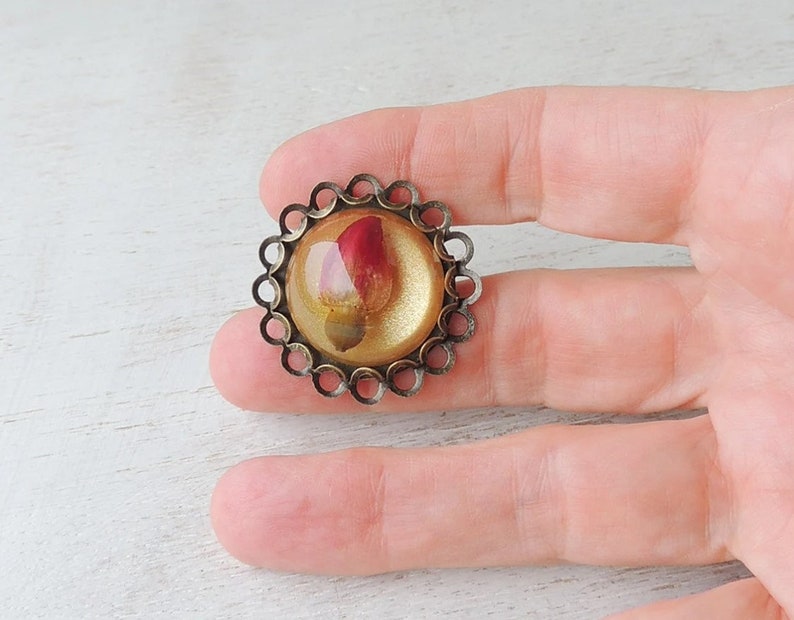 Rose Brooch with Real Red Rosebud Cabochon, Resin Flower Cabochon, Buttonhole Brooch, UK Seller image 9