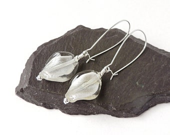 White Earrings with White Glass Twist or Curve Beads on Silver Plated Kidney or Safety Ear Wires, UK Seller