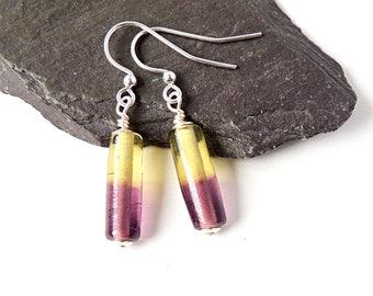 Two Tone Purple & Gold Earrings with Glass Tube Beads on Silver Plated Ear Wires, UK Seller