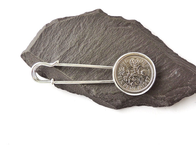 Silver Colour Shawl or Cardigan Pin 1967 Lucky Sixpence Kilt Pin Brooch UK Seller