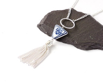 Blue & White Tassel Necklace with Ceramic Triangle Bead and Silver Colour Tassel on 18" Chain Necklace, UK Seller