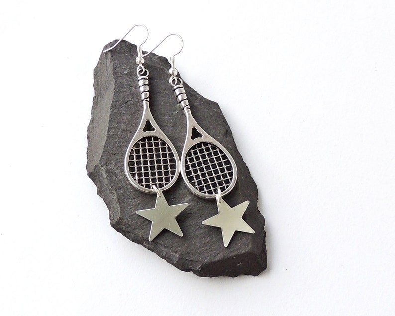 Tennis Star Earrings With Large Silver Rackets - Large Star Pendant Uk Tennis Star Earrings With Large Silver Rackets - Large Star Pendant Uk