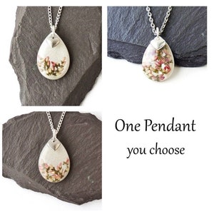 Pink & White Heather Necklace with Heart Charm, Resin Flower Pendant, with 18" Chain, UK Seller