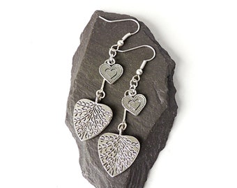 Two Heart Charms Earrings, Silver Colour Heart Charms on Silver Plated Ear Wires, UK Seller