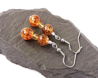 Toffee Colour Earrings with Glass Crackled Beads on Stainless Steel Ear Wires,  UK Seller