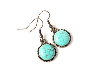 Turquoise Blue Earrings, Imitation Turquoise Cabochon Charms on Antique Bronze Plated Fish Hook Ear Wires, UK Seller