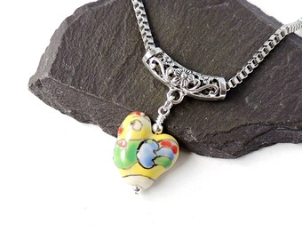 Chicken Necklace, Yellow Ceramic Hen Bead on Box Chain Necklace, UK Seller