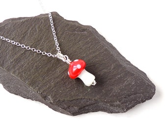 Toadstool Necklace, Glass Bead Pendant on 18" Chain, UK Seller