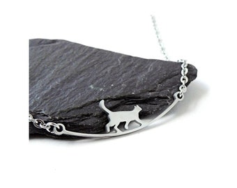 Cat Necklace, Stainless Steel Curved Walking Cat on Stainless Steel Chain Necklace, 16" Long,  UK Seller
