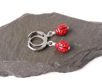 Ladybird Hoop Earrings, Red Ladybird Beads on Small Stainless Steel Hinged Hoop Earrings, UK Seller