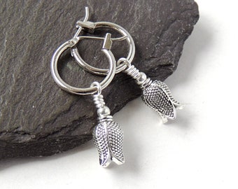 Silver Tulip Earrings with Silver Colour Flowers on Small Platinum Plated Hoop Earrings, UK Seller