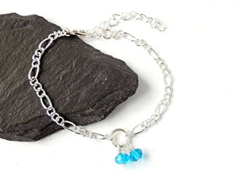 Blue Crystal Charm Bracelet with 2 Small Crystal Beads on Silver Plated Chain Bracelet, Small Bracelet 6.5" Long, UK Seller