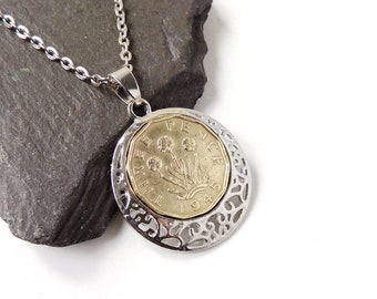 1945 Threepence Necklace, Old Coin in Filigree Pendant on 18" Chain, Birthday Gift, UK Seller