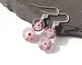 Purple Earrings, Glass Beads on Silver Plated Ear Wires, UK Seller