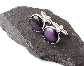 Purple Cufflinks with Cats Eye Cabochons in Silver Plated Cuff Links, UK Seller