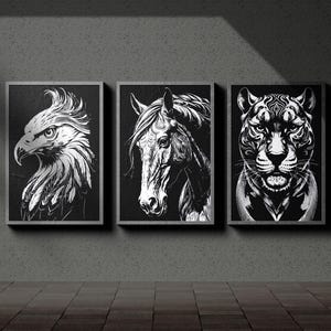 Black and White Animal Portrait Wall Art | Minimalist Wildlife Line Drawing | Printable Animal Head Sketches