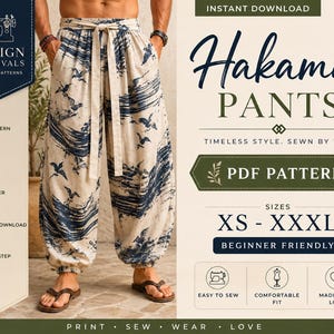 Patrón de costura para pantalones Hakama para mujer, pantalones palazzo japoneses plisados de pierna ancha, pantalones acampanados. PDF XS-XXXL. Descarga digital instantánea.