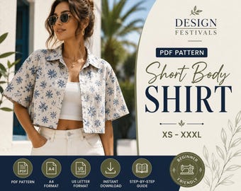 Crop Shirt Sewing Pattern Women Short shirt beginner sewing Easy Summer Top XS-XXXL PDF Printable A4 Instant download