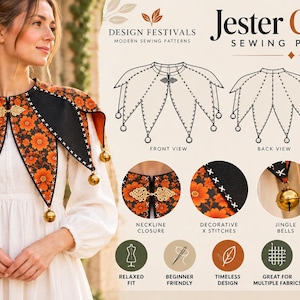 May include: A Jester Collar sewing pattern by Design Festivals featuring a multi-pointed capelet with orange floral and black fabric panels, gold jingle bells at the tips, a decorative gold front clasp, and white cross-stitch detailing along the edges.