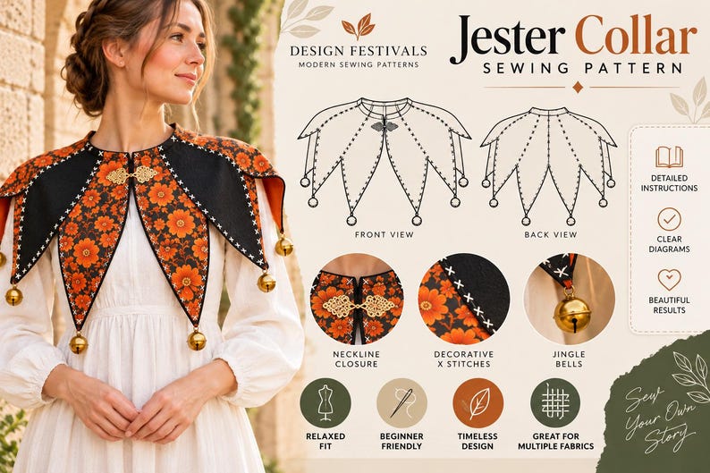 May include: A Jester Collar sewing pattern by Design Festivals featuring a multi-pointed capelet with orange floral and black fabric panels, gold jingle bells at the tips, a decorative gold front clasp, and white cross-stitch detailing along the edges.