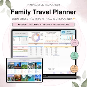 May include: A digital family travel planner displayed on a laptop and tablet. The planner includes sections for budget, packing, itinerary, and reservations. The screen shows charts, graphs, and destination photos. Text on the screen includes "Video Tutorial", "Any Currency", "Easy To Use", and "Instant Download".