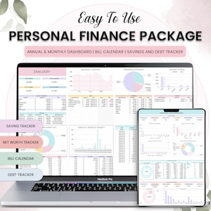 Könnte beinhalten: Ein Laptop und ein Tablet, die ein persönliches Finanzpaket anzeigen. Die Bildschirme zeigen Dashboards mit Diagrammen und Tabellen zur Verfolgung von Ersparnissen, Nettovermögen, Rechnungen und Schulden. Der Text enthält "Easy To Use" und "Personal Finance Package".