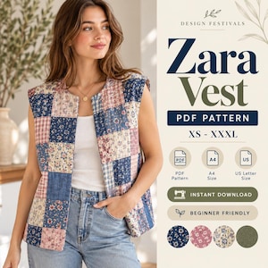 Vest Sewing Pattern jacket women crop Sleeveless Quilted Vest Pattern PDF XS-XXXL Coat winter patterns A4 Printable digital download