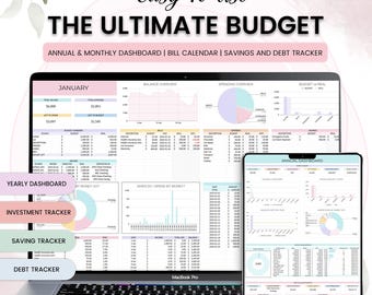 Annual Budget Google Sheet Spreadsheet Monthly Weekly Biweekly Ultimate Yearly Budget Planner savings and Debt Tracker Annual Bill Calendar