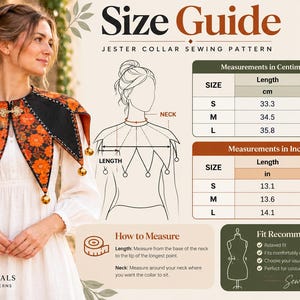 May include: A jester collar sewing pattern size guide featuring a black and orange floral fabric collar with gold bells. The chart displays measurements in inches and centimeters for sizes S, M, and L, alongside a diagram showing how to measure.