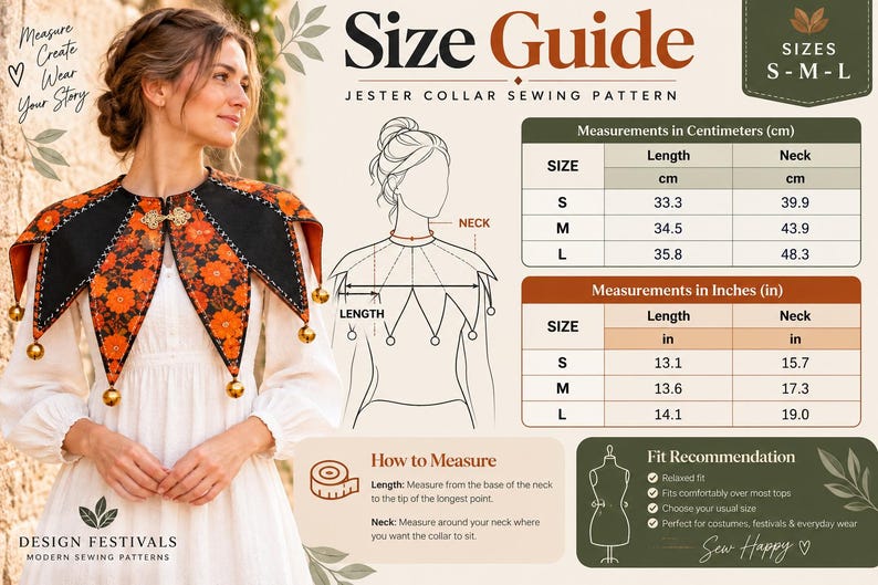 May include: A jester collar sewing pattern size guide featuring a black and orange floral fabric collar with gold bells. The chart displays measurements in inches and centimeters for sizes S, M, and L, alongside a diagram showing how to measure.