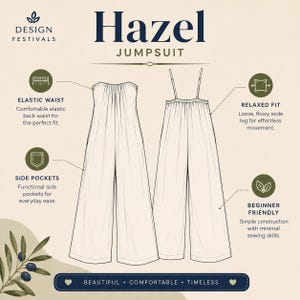 May include: A technical line drawing of the Hazel Jumpsuit featuring a strapless bodice, wide-leg trousers, and thin adjustable straps. The diagram includes labels for an elastic waist, side pockets, a relaxed fit, and beginner-friendly construction.