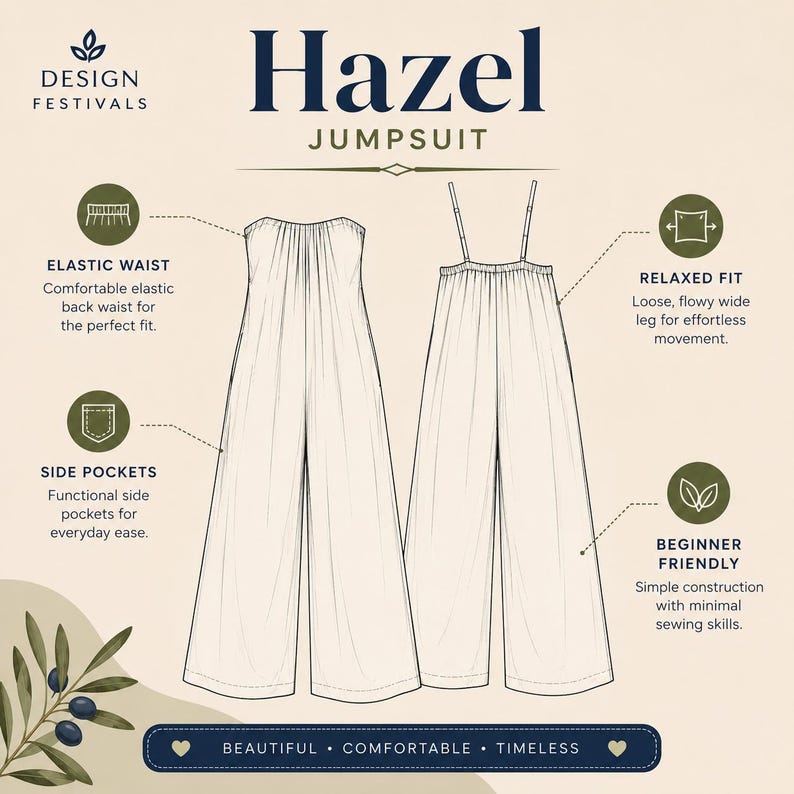 May include: A technical line drawing of the Hazel Jumpsuit featuring a strapless bodice, wide-leg trousers, and thin adjustable straps. The diagram includes labels for an elastic waist, side pockets, a relaxed fit, and beginner-friendly construction.