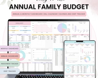 Family Annual Budget Couple Monthly budget Google spreadsheet financial planner Yearly Biweekly Personal Finances Bill Calendar Debt Tracker