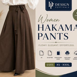 Può includere: Un cartamodello digitale in PDF per pantaloni hakama a gamba larga nelle taglie dalla XS alla XXXL. L'immagine mostra pantaloni marrone scuro, a vita alta e plissettati con cintura da annodare, insieme al testo Design Festivals, Women Hakama Pants.