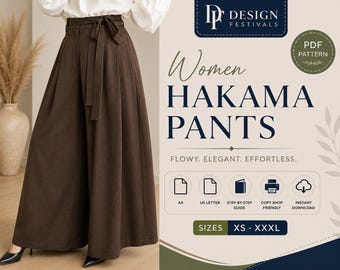 Hakama Pants Sewing Pattern Women wide leg pants lounge wear Flare Leg Trousers Pleated Palazzo Pants XS XXXL PDF Printable Digital download