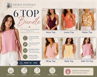 women Top Pattern bundle Halter Wrap Top Women Blouse shirt trendy V Neck Summer sewing patterns Vest Side Tie Grace Peplum Top PDF Download